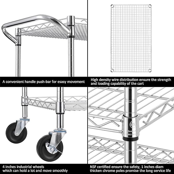 Finnhomy 3 Tier Heavy Duty Commercial Grade Utility Cart, Wire Rolling Cart with Pushing Handle Bar, Steel Metal Kitchen Service Trolly with Wheels, Shelf Size 18" D x 36" W, NSF, Chrome