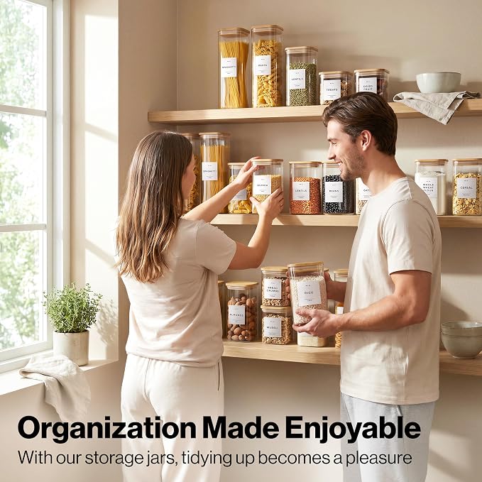 Glass Pantry Storage Jars Containers with Bamboo Lids and Labels - Set of 5 | Extra Thick Square Glass Canisters with Bamboo Wood Lids and 54 Pre-printed Pantry Labels keeps dry Goods Fresh and Organized