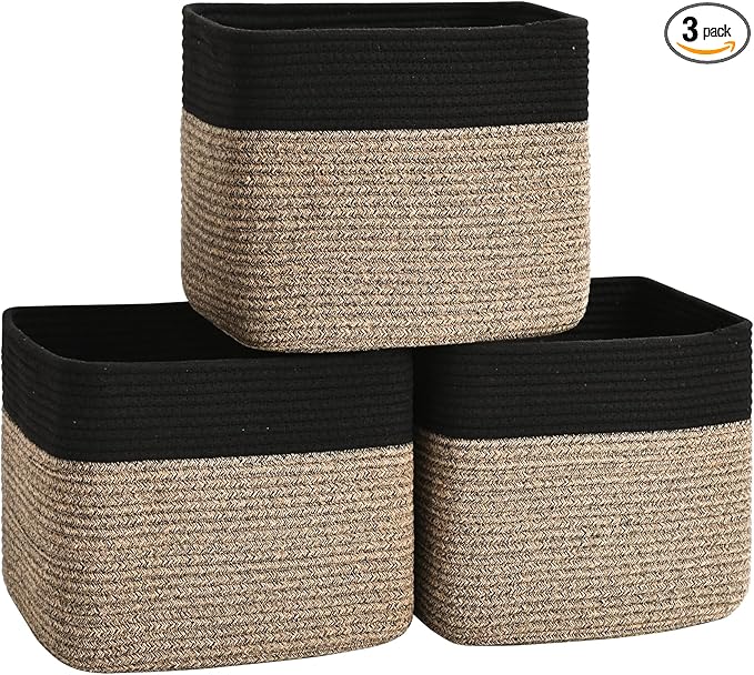 3 Pack Cube Storage Bin, 12”x12”x10” Cotton Rope Woven Baskets for Organizing Toys Clothes Towels, Square Gift Storage Baskets for Shelves, Nursery, Closet, Bathroom, Pantry (Black & Brown)