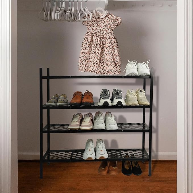 Shoe Rack, 4-Tier Long Shoe Rack, Stackable Shoe Storage Organizer Expandable Shoe Shelf Stand, Holds up to 25-30 Pairs of Shoes for Entryway, Garage, Front Door Entrance, Metal,45.6in Black