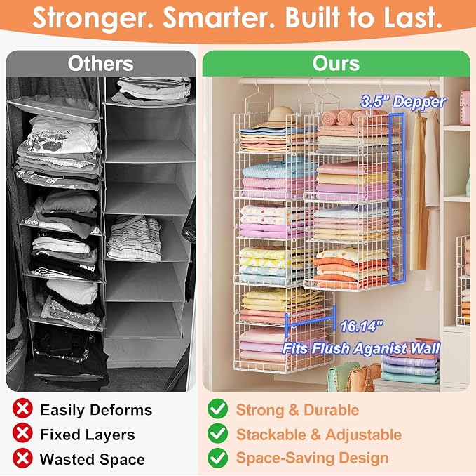 8-Tier Extended Depth Hanging Closet Organizers and Storage for Closet System, Stackable Closet Shelves with 4 Adjustable Dividers for Clothes Sweaters Purses, Wire Hanging Basket Fits Closet Laundry