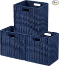 UBBCARE 3 Pack Wicker Basket, 11L×11H×10.5W inch Woven Paper Rope Storage Baskets for Shelves, Foldable Cube Storage bin with Handle, Storage Basket for Organizing & Decor, Navy Blue
