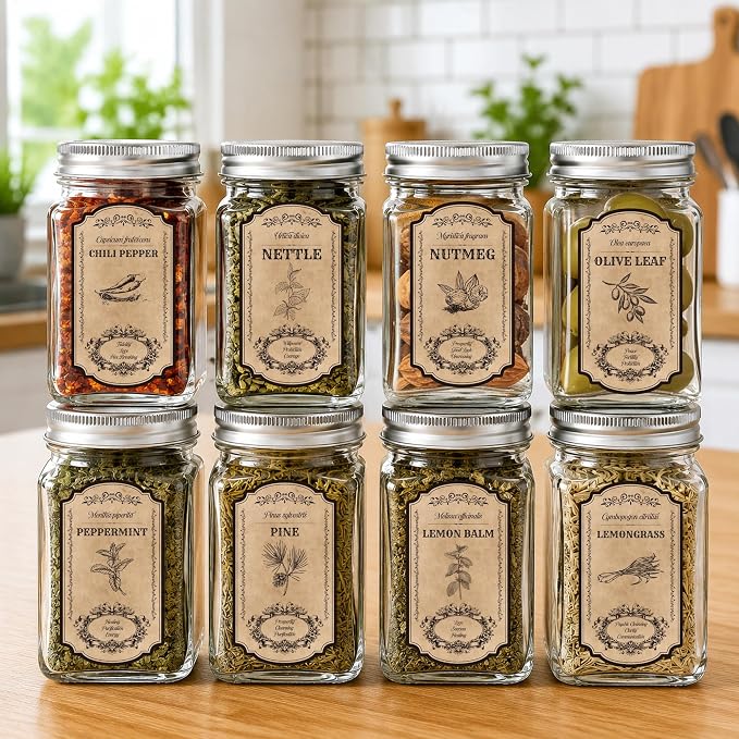 WATINC Vintage Herb and Spice Labels - 90PCS Apothecary Jar Stickers | Vintage Sketch Style, Waterproof Tags, Bottle Labels with Latin Names & Meanings, Various Designs for Kitchen Pantry