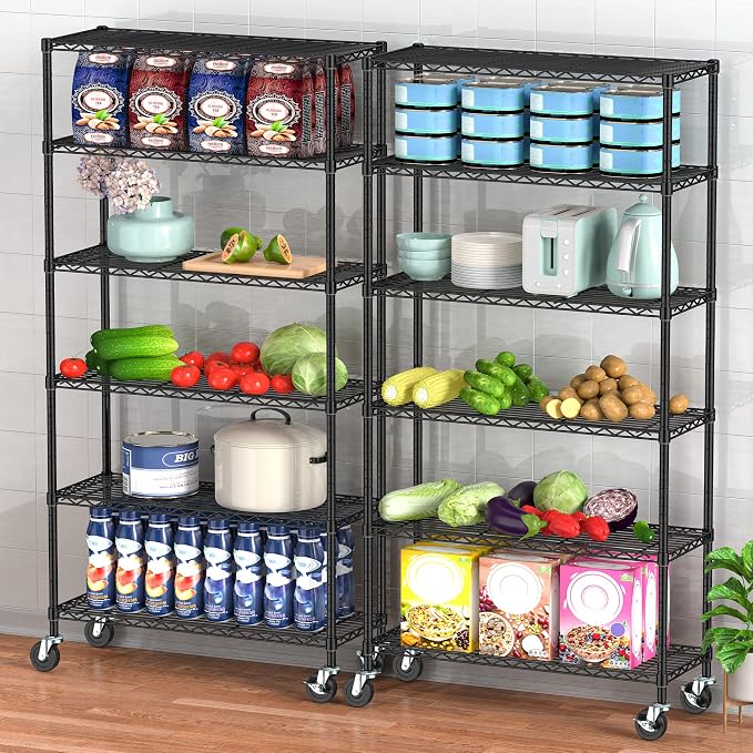 6 Tier Wire Metal Shelving Rack Garage Storage Rolling Shelves with Wheels | Heavy Duty Adjustable Industrial Shelves Unit Utility Sturdy Shelving for Kitchen Garage Pantry Bathroom Laundry