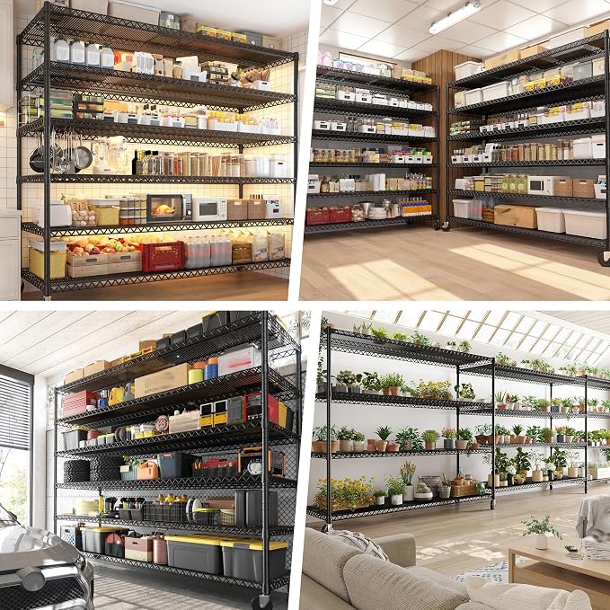 REIBII 6-Tier Wire Shelving Units with Wheels — 60" W Extra-Wide Heavy Duty Metal Shelving, 3,598 lbs Capacity, Adjustable Storage Racks for Garage, Pantry, Basement & Commercial Use, 2 Pack