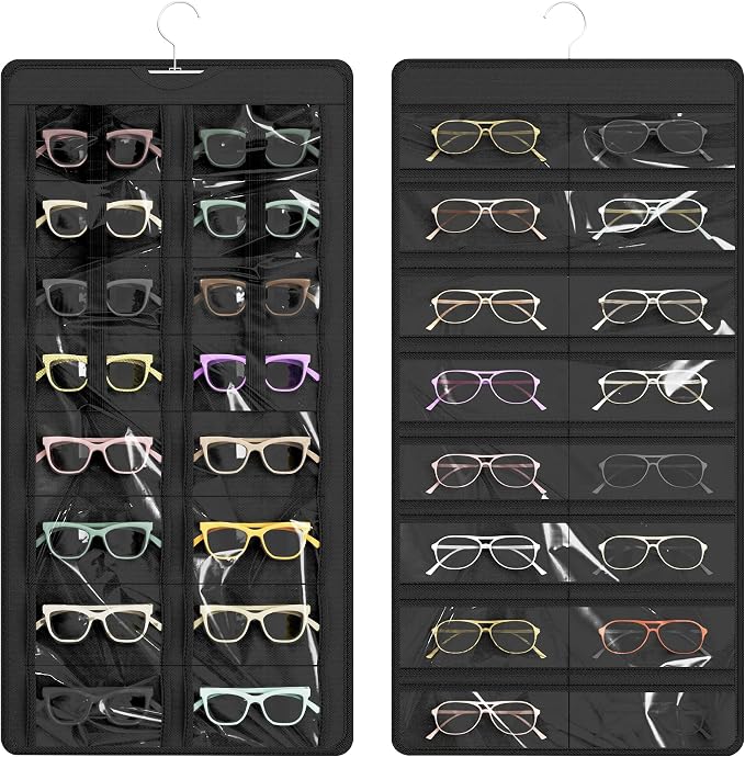 Hanging Sunglasses Organizer and Storage, 32 Slots Jewelry Holder, Black | Protect eyewear from dust with double-sided clear compartments; roof design hangs on wall, door or closet for home/RV travel.