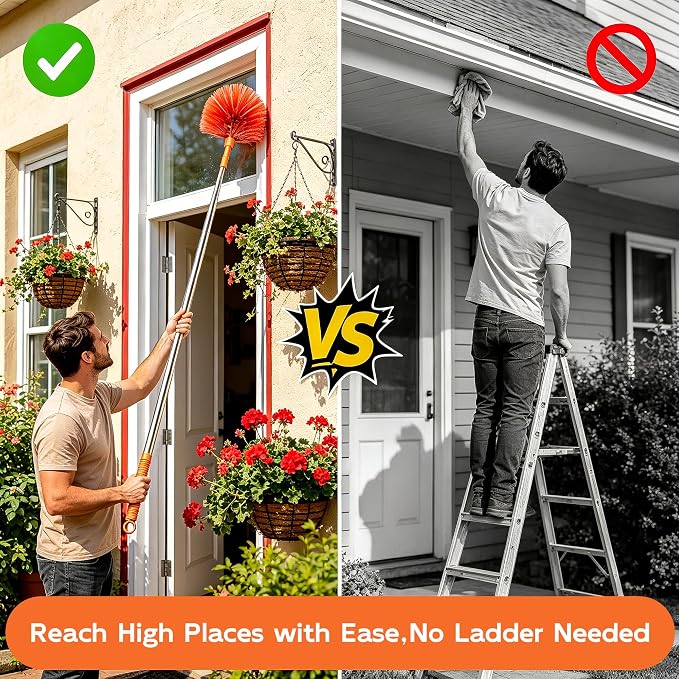 Cobweb Duster with Extension Pole, Upgraded Heavy Duty Thickened Stainless Steel Telescopic Handle for High Ceilings & Ceiling Fans, 90" Total Reach (15.7" Compact), Medium Stiff Bristles (Orange)