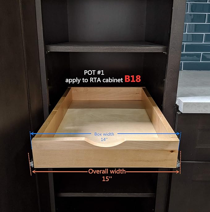 Elysian 14" Pull Out Kitchen Drawer for 18" Cabinets, Birch Solid Wood Storage Tray, 21"D x 3"H, Smooth Ball Bearing Glides, Sturdy Side Mount Design, Natural Finish