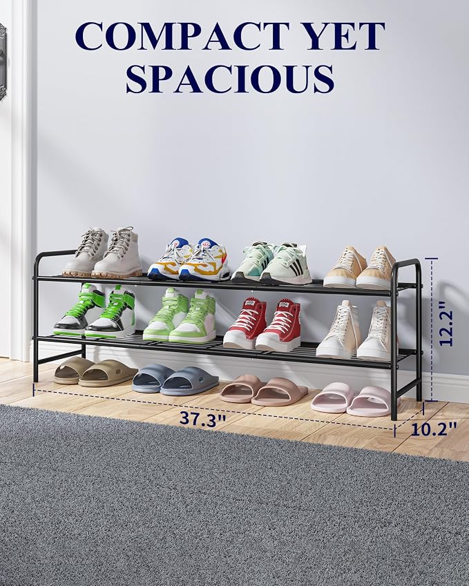 Kitsure Shoe Rack - Stainless Steel Shoe Organizer, Sturdy Shoe Rack for Closet and Front Door Entrance, Free Standing Shoe Shelf, Closet Organizers and Storage, 37.3" Wide - 2 Tier, Black