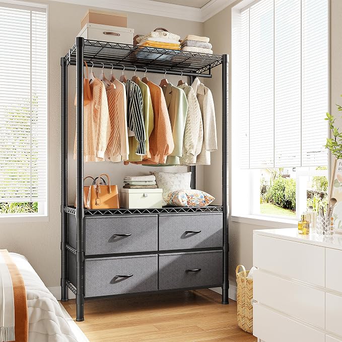 Raybee Clothes Rack, Portable Closet for Bedroom, Dorm, 4 Drawers 4 shelves | Heavy Duty, Tool-Free Assembly, Freestanding, Multi-Function, Adjustable, DIY Layout, Space Saving, Hanging 50+ Clothes