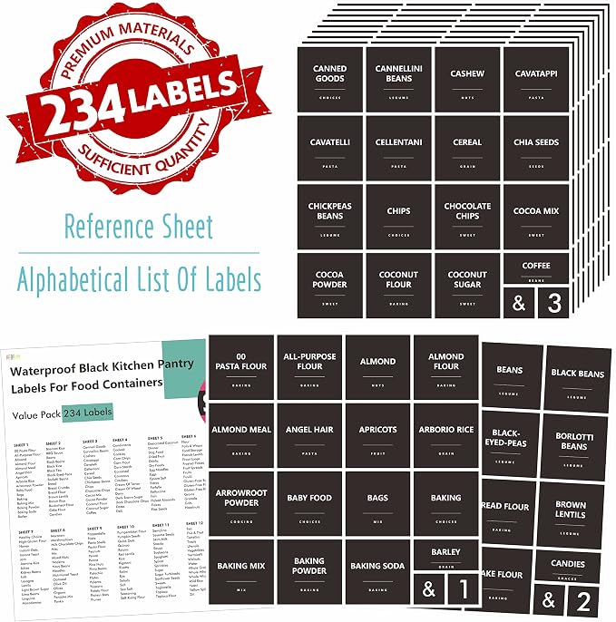 Hebayy 234 Minimalist Kitchen Food Labels, 216 Preprinted Flour Pasta Peas Condiment Oil Stickers, 18 Blank Ones, Waterproof Oil&Tear Resistant, No Residue for Pantry Food Containers Jars.