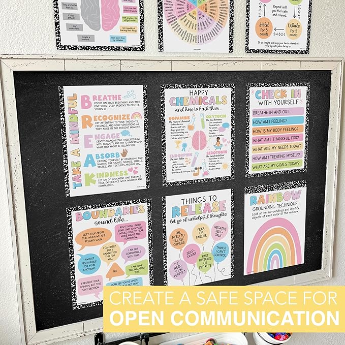 Hadley Designs 9 Mental Health Posters for Classroom - School Counselor Office Must Haves, Mental Health Therapy Office Decor, Growth Mindset Posters, Wheel of Feelings Chart, Pastel Classroom Decor
