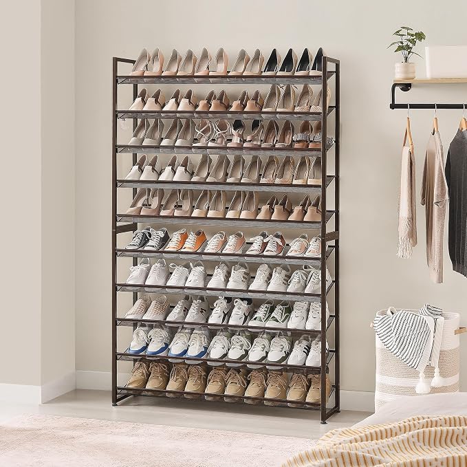 Nunsino Shoe Rack, Long Shoe Organizer,Max Holds 62 Pairs,10 Tier Metal Shoe Storage Shelf,5-Tier Stackable Shoes Organizer for Garage, Entryway,Bronze