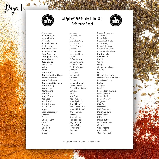 AllSpice 208 Preprinted Water Resistant Bulk Pantry Labels Set