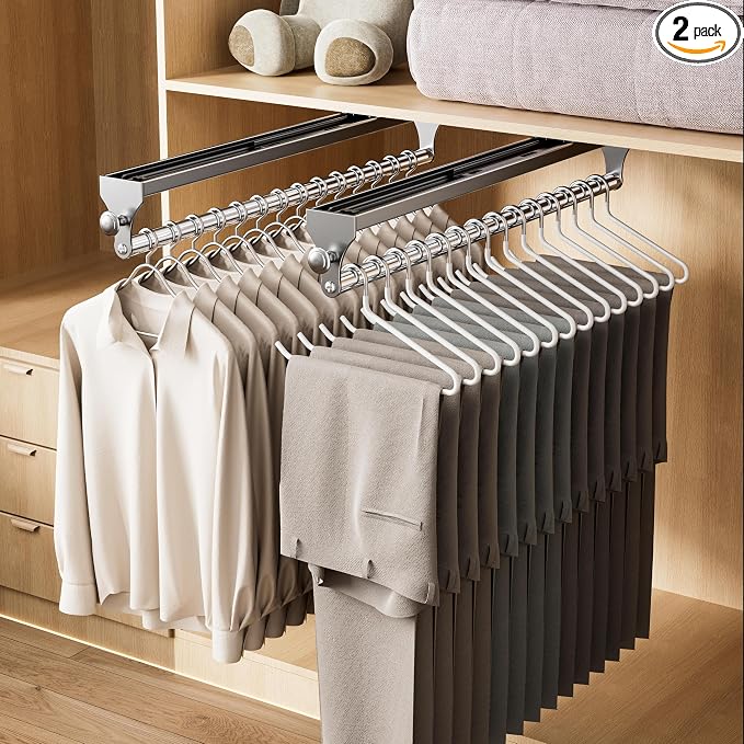 2 Pack Pull Out Closet Rod, 15.7inch Heavy Duty Pants Rack, Adjustable Clothes Hanger Rail, Space Aluminum Valet Rod, Top Mounted Wardrobe Clothes Organizer, Closet Storage for Trousers Coats Gray