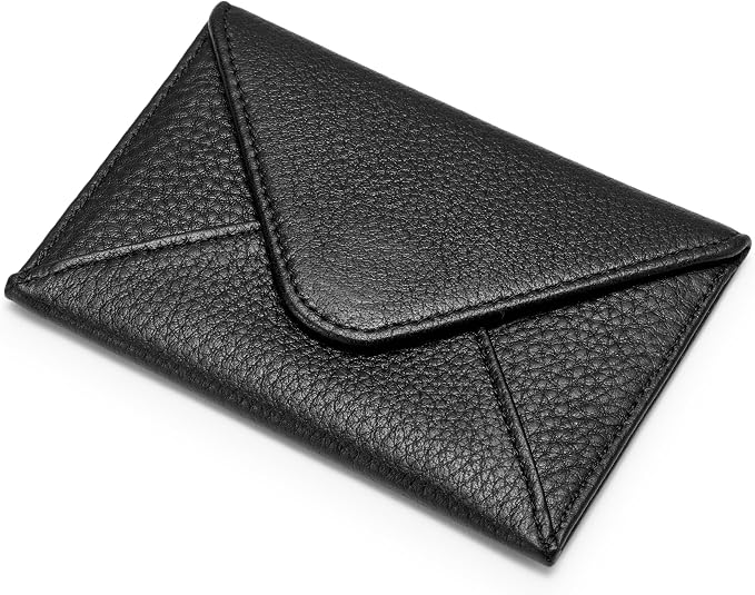 HISCOW Italian Pebbled Leather Business Card Holder, Minimalist Full Grain Envelope Card Case with Hidden Magnetic Closure, 0.19 Inch Slim Front Pocket Wallet for Men and Women, Nero Black