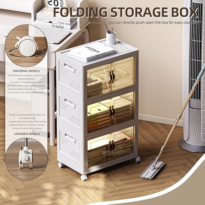 148 QT / 37 Gal Stackable Collapsible Storage Bins (1 Lid) with Magnetic Doors & Wheels - Plastic Cabinet Organizer for Home Office Closet, White Space-Saving Containers