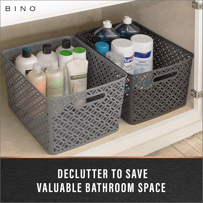BINO l Plastic Storage Baskets, XLarge - Grey | THE BLOSSOM COLLECTION l Multi-Use Organizer Bin l Built-in Handles l Plastic Woven Basket for Organizing l Pantry & Home Organizing Basket