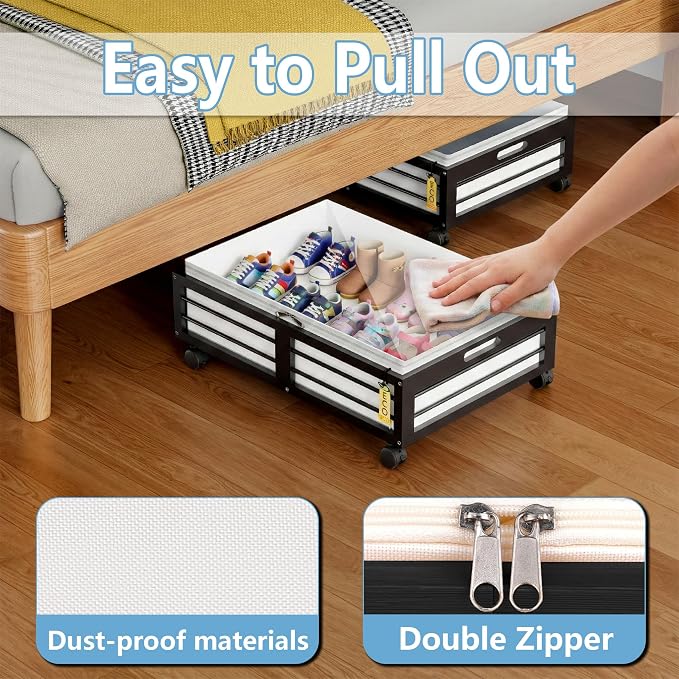 Under Bed Storage Containers with Wheels, Larger Bamboo Wood Under Furniture Storage Containers with Dust Bags，Rolling for Shoes Clothes