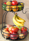 Sevenblue 2 Tier Modern Fruit Basket for Kitchen Counter with 2 Banana Hook | Space-Saving Vertical Storage for Veggies, Bread, Snacks, Fits Under Cabinets, Includes Protective Mats to Prevent Bruising