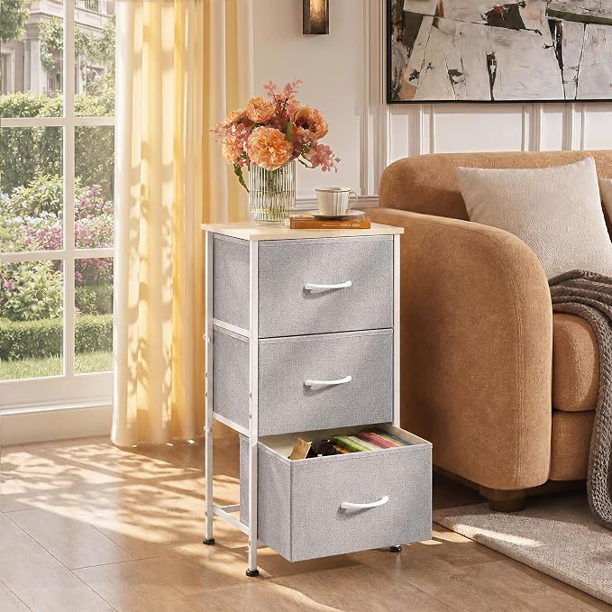 WLIVE Nightstand with 3 Drawers, Fabric Dresser, Organizer Unit, Storage Dresser for Bedroom, Hallway, Entryway, Closets, Sturdy Steel Frame, Wood Top, Easy Pull Handle, Light Grey