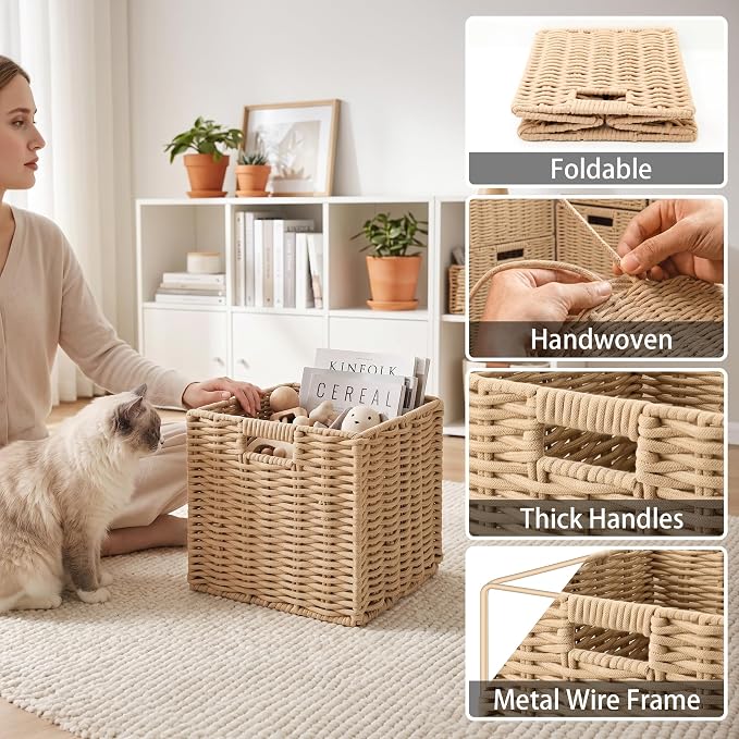 Cotton Rope Cube Storage Basket, 11 Inch Foldable Cubby Organizer Bins with Handles, Handwoven Square Basket for Organizing, Cube Closet Storage Bins for Shelves, Home Decor (Khaki)