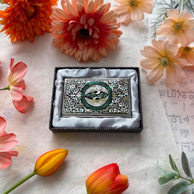 Mother of Pearl Business Card Case Credit Id Name Holder Travel Wallet Art Painting Design Metal Stainless Steel Engraved Slim Purse Pocket Cash Money Wallet -Crane-(Kiss)