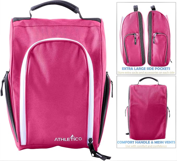 Athletico Golf Shoe Bag - Zippered Shoe Carrier Bags With Ventilation & Outside Pocket for Socks, Tees, etc. (Pink)