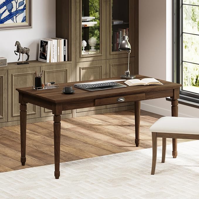 Polibi 60" Farmhouse Writing Desk with Drawer Keyboard Tray (Chestnut) | Turned Legs, Quick Assembly, Pre-Assembled Top, For Home Offices, Writing, Computer Workstations.
