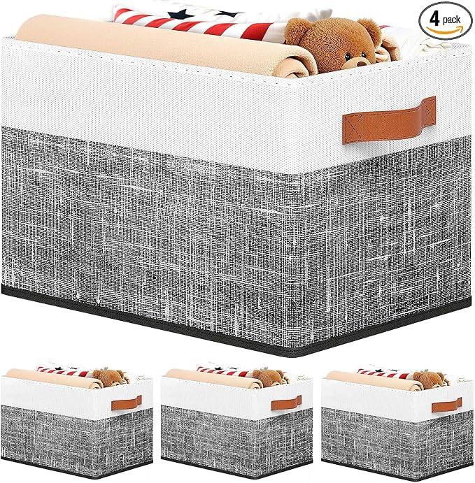 Fab totes Collapsible Storage Baskets for Shelves,14"x10", 4 Pack Foldable Fabric Storage Bins with Double Leather Handles, Large Baskets for Organizing Books, Clothes, White & Black