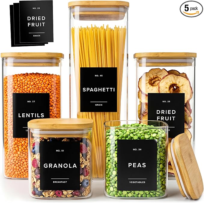 Glass Pantry Storage Jars Containers with Bamboo Lids and Labels - Set of 5 | Extra Thick Square Glass Canisters with Bamboo Wood Lids and 54 Pre-printed Pantry Labels keeps dry Goods Fresh and Organized