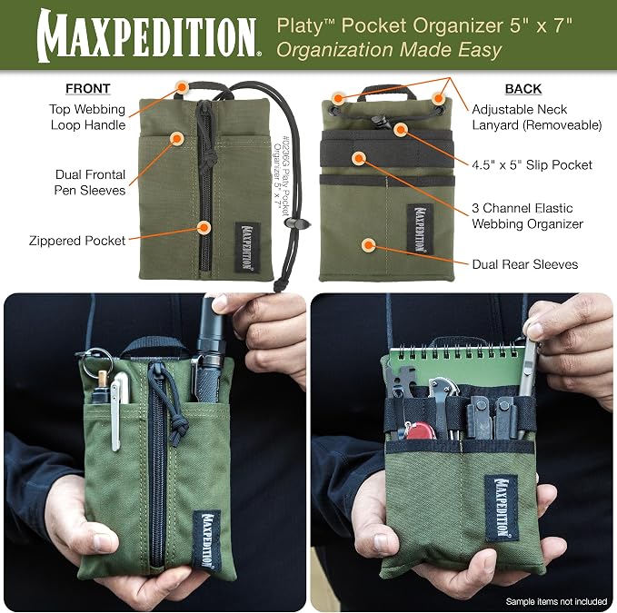 MAXPEDITION Platy Pocket Organizer, Durable EDC Tool Pouch for Men, Neck Wallet with Paracord Lanyard, Holds Flashlight, Multitool, Pen, Notebook