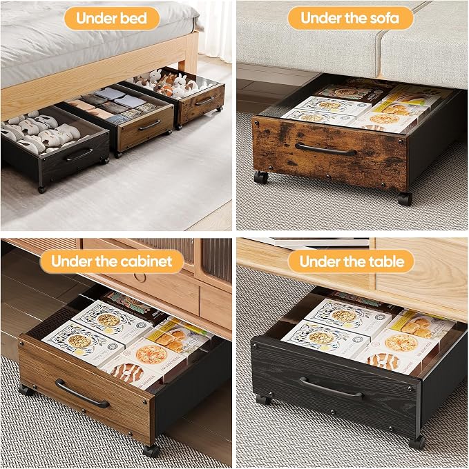 Under Bed Storage with Wheels, Underbed Shoe Storage Containers, Under the Bed Storage Drawers with Lid, Wooden Rolling Blankets Clothes Storage Metal Drawer for Bedroom Dorms Room (Walnut 2pack)