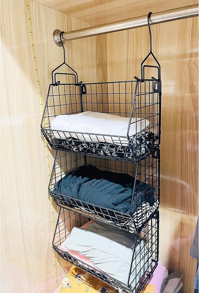 3 Tier Hanging Foldable Wire Baskets Closet Organizer Clothes Shelves Countertop Caddy Bin Wall Mount Shelf Storage Basket for Clothing Handbags Snacks Drinks Fruits