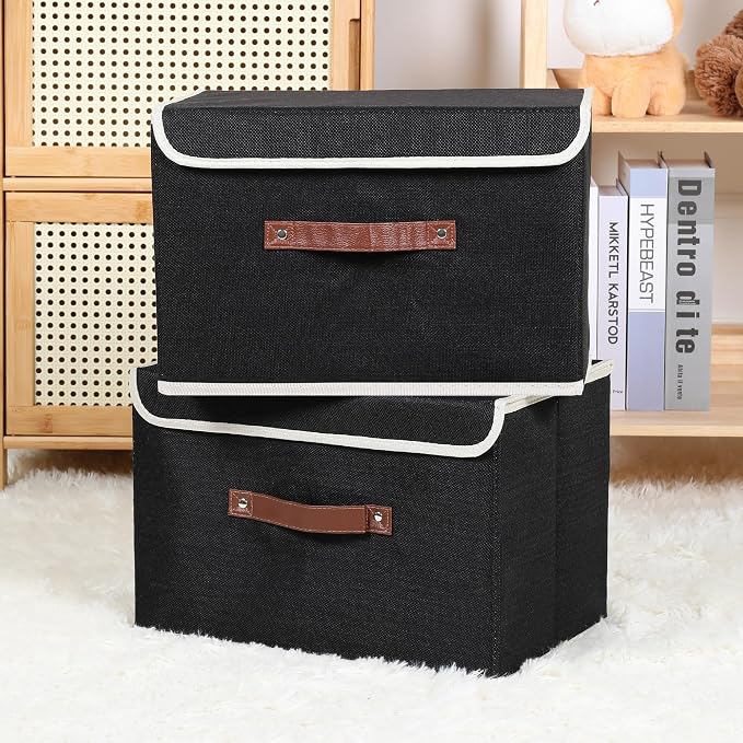 ANMINY 4PCS Storage Bin with Lid Storage Boxes with PU Leather Handles PP Plastic Board Decorative Foldable Lidded Cotton Linen Fabric Home Cubes Baskets Closet Organizer Container - Black, Medium