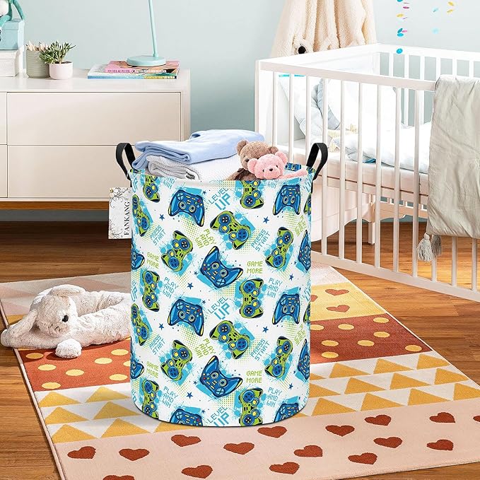 FANKANG Storage Basket, Nursery Hamper Canvas Laundry Basket Foldable with Waterproof PE Coating Large Storage Baskets for Kids Boys and Girls, Office, Bedroom, Clothes,Toys(Game)