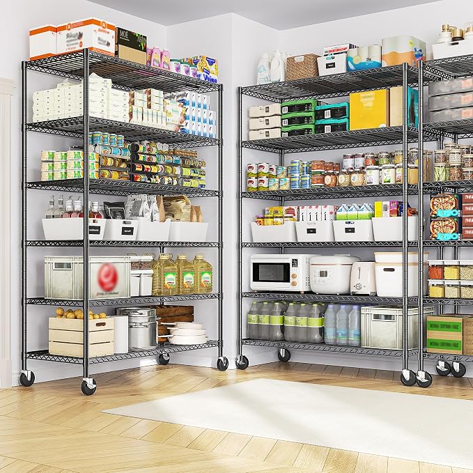 Romorgniz Storage Shelves with Wheels, 6 Tier Wire Shelving Adjustable Metal Shelving Pantry Shelves Capacity 1200LBS for Garage, Pantry, Kitchen, Office,82" H X45 W X18 D,Black,4P