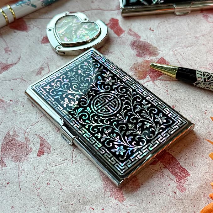 Mother of Pearl Business Card Case Credit Id Name Holder Travel Wallet Art Painting Design Metal Stainless Steel Engraved Slim Purse Pocket Cash Money Wallet (N_Arabesque)