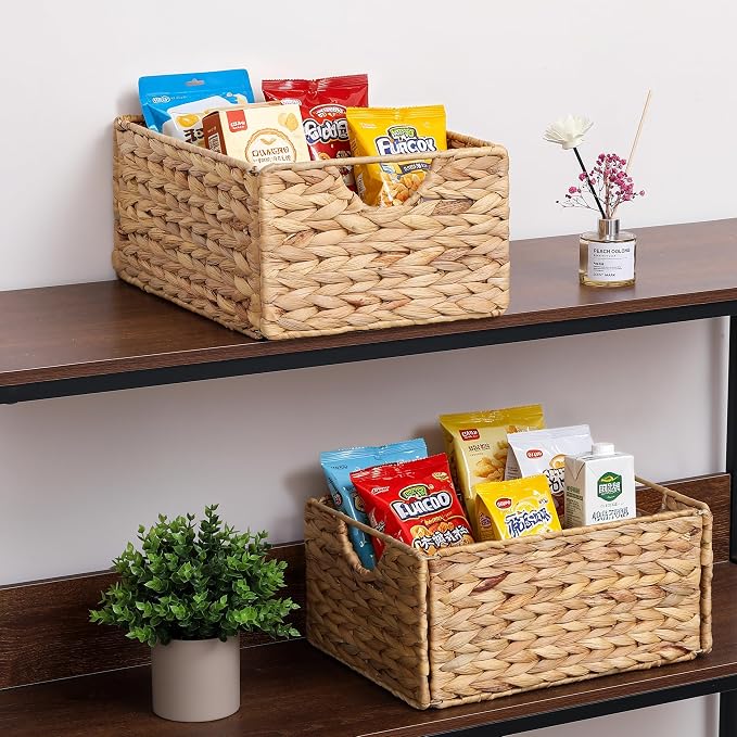 Water Hyacinth Pantry Baskets Set of 6, 12.5 x 9.5 x 6in Wicker Storage Baskets for Shelves, Pantry Baskets Organization, Bathroom Shelves Storage Basket