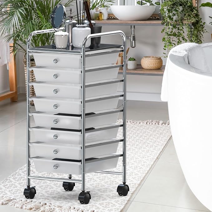 Simple Houseware 8 Drawers Rolling Utility Cart Art Craft Storage, Chrome | 1-Column, 30.25" Height, Lockable Wheels, for School, Office, Art Craft, and Paper Storage