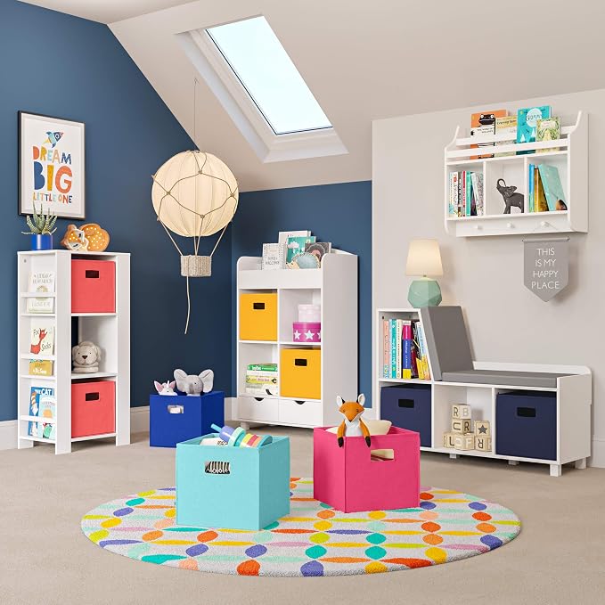RiverRidge Folding Storage Bins - 2-pack of 10in Tall Blue Cubes | Fabric Bins, Set of 2 Storage Cubes, Cut-out Handles, Playroom Closet Organizer, Collapsible Cubby with Bottom Board Insert