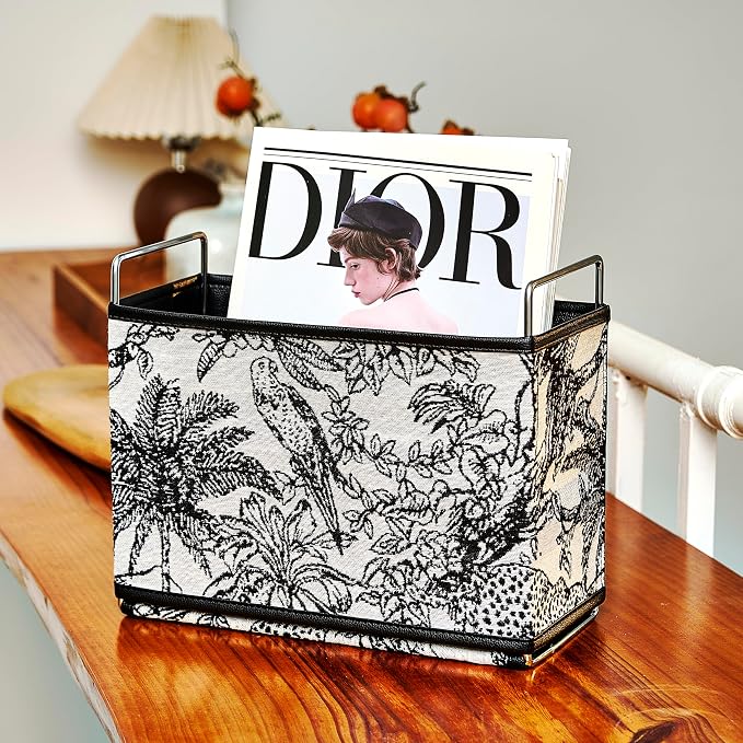 Leather Magazine Holder Rack Floor Basket for Bathroom & Living Room | No-assembly sturdy organizer in textured tapestry jacquard & leather. Randomly cut jungle pattern (no two are alike).