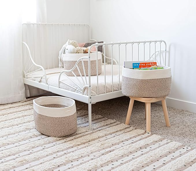 Brown Cotton Rope Baskets for Shelves, Set of 3 - 15"×10"×9½" - Woven Storage Baskets for Organizing - Closet, Nursery, Bedroom, Playroom - Toys, Books, Towels, Clothes