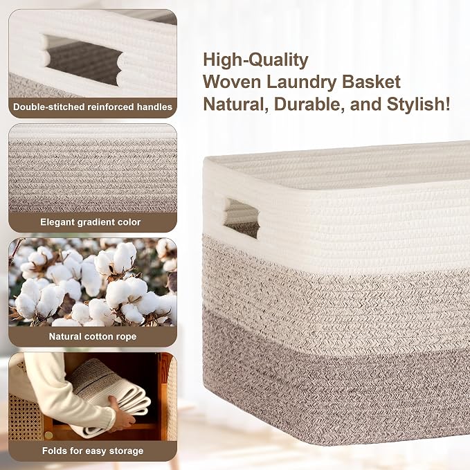 86L Large Woven Laundry Basket Hamper with Handles, Gradient Brown | 24"x16"x14", collapsible wicker hamper, storage for dirty clothes, toys, blankets, gifts, living room, bedroom, bathroom