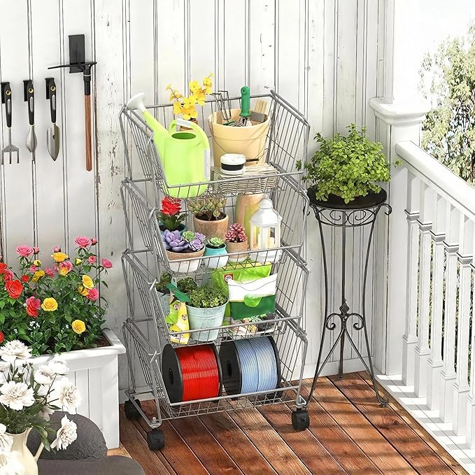 PUSDON Stackable Metal Storage Carts, Dual Use Shelf for Kitchen Fruit Vegetable Baskets with Wheels, Storage Rack for Living Room, Home & Office, Standard Silver Grey 4 Tiers