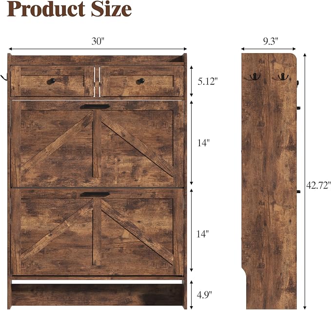 Thacuok Shoe Cabinet with 2 Flip Drawers & 2 Storage Drawers, Rustic Farmhouse Narrow Shoe Organizer Cabinet, Slim Shoe Rack Cabinet, Shoe Storage Cabinet for Entryway, Hallway