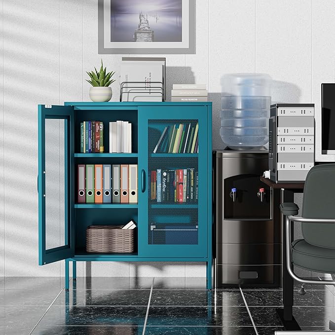 Washsemba Metal Storage Cabinet with Mesh Doors,Steel Display Cabinet with Adjustable Shelves,Metal Office Storage Locker for Home Office,Garage(Blue, 40''H)