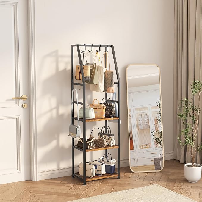 Hall Tree with Hanging Hooks,Heavy-Duty Metal Coat Rack with Shoe Shelves,3-Tier Purse Stand Handbag Organizer，Suitable for Hallway,Bedroom and Bathroom (Brown)