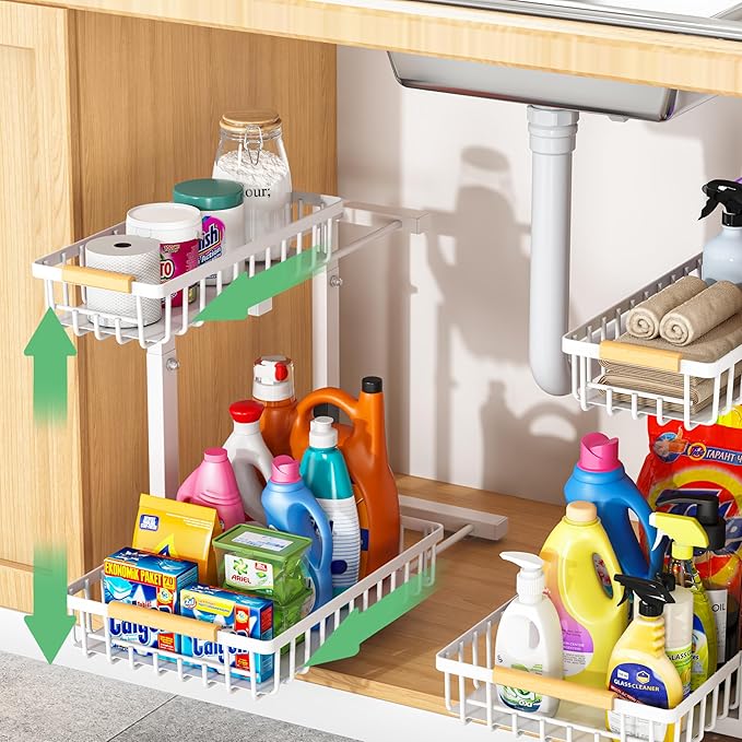 Merrylun Under Sink Organizers,5 Adjustable Height，Metal Pull Out Under Sink Organizers and Storage Shelves with Sliding Drawer (White, 2 pack)