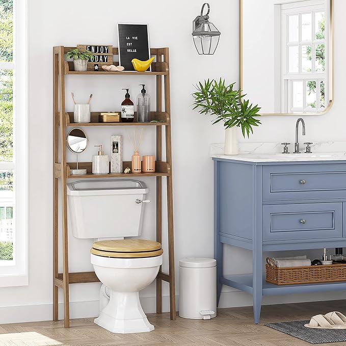 UTEX Over Toilet Bathroom Organizer, 3-Tier Storage Shelf Rack, Wood Grain | Ladder Design, 3 Open Shelves for Towels & Toiletries, FSC-certified Engineered Wood, Adjustable Crossbar, Anti-tip Bracket